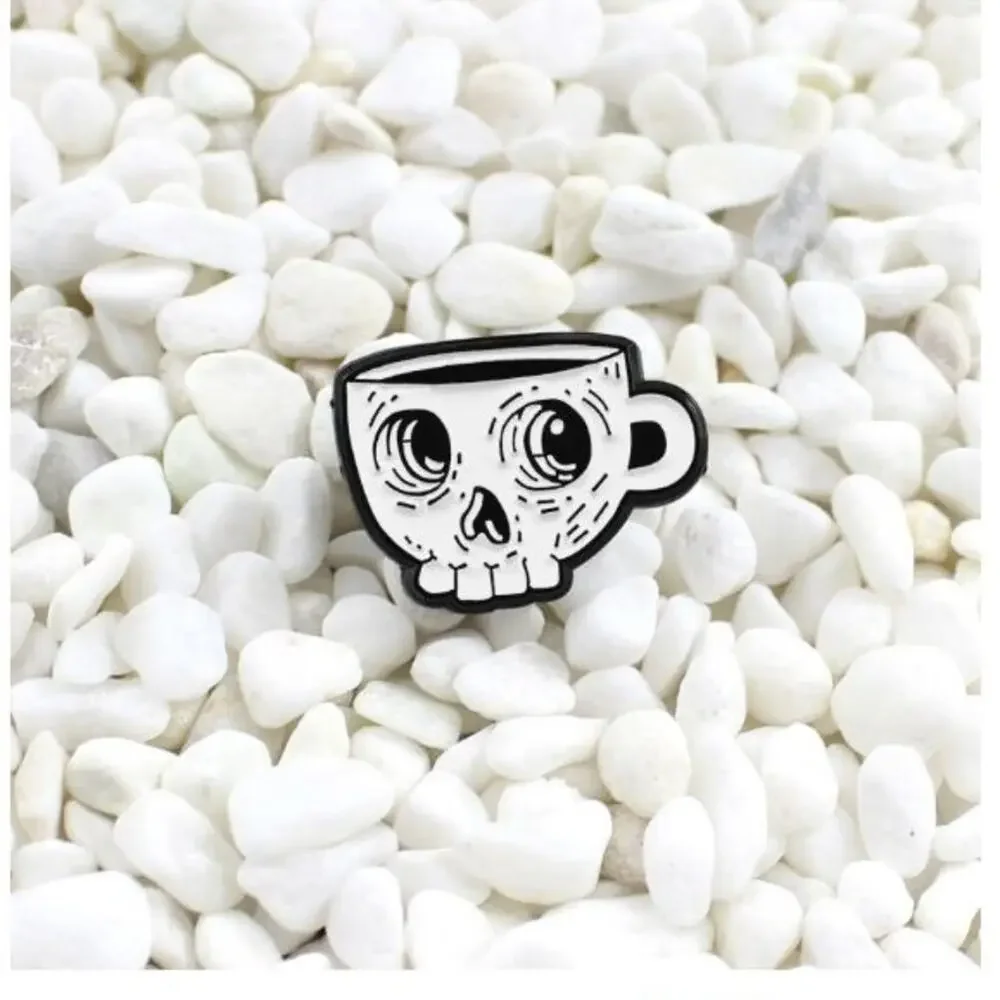 Skeleton Skull Coffee Cup Mug Pin Brooch Halloween